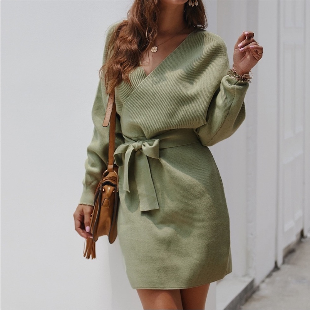 NEW Listing! Sage Green Belted Sweater Dress